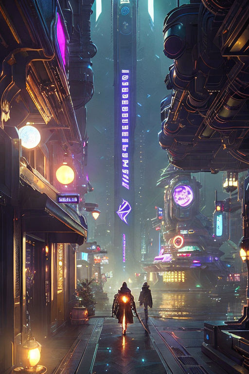 Cyberpunk city street. Sci-fi wallpaper. Futuristic city scene in