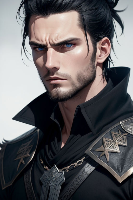 AI Art Generator: A male anime character with dark hair, short beard, beard,  dark blue eyes, blue cloak, with a magic wand in right hand, forest  background
