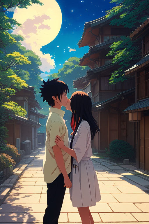 Anime girl and boy kissing