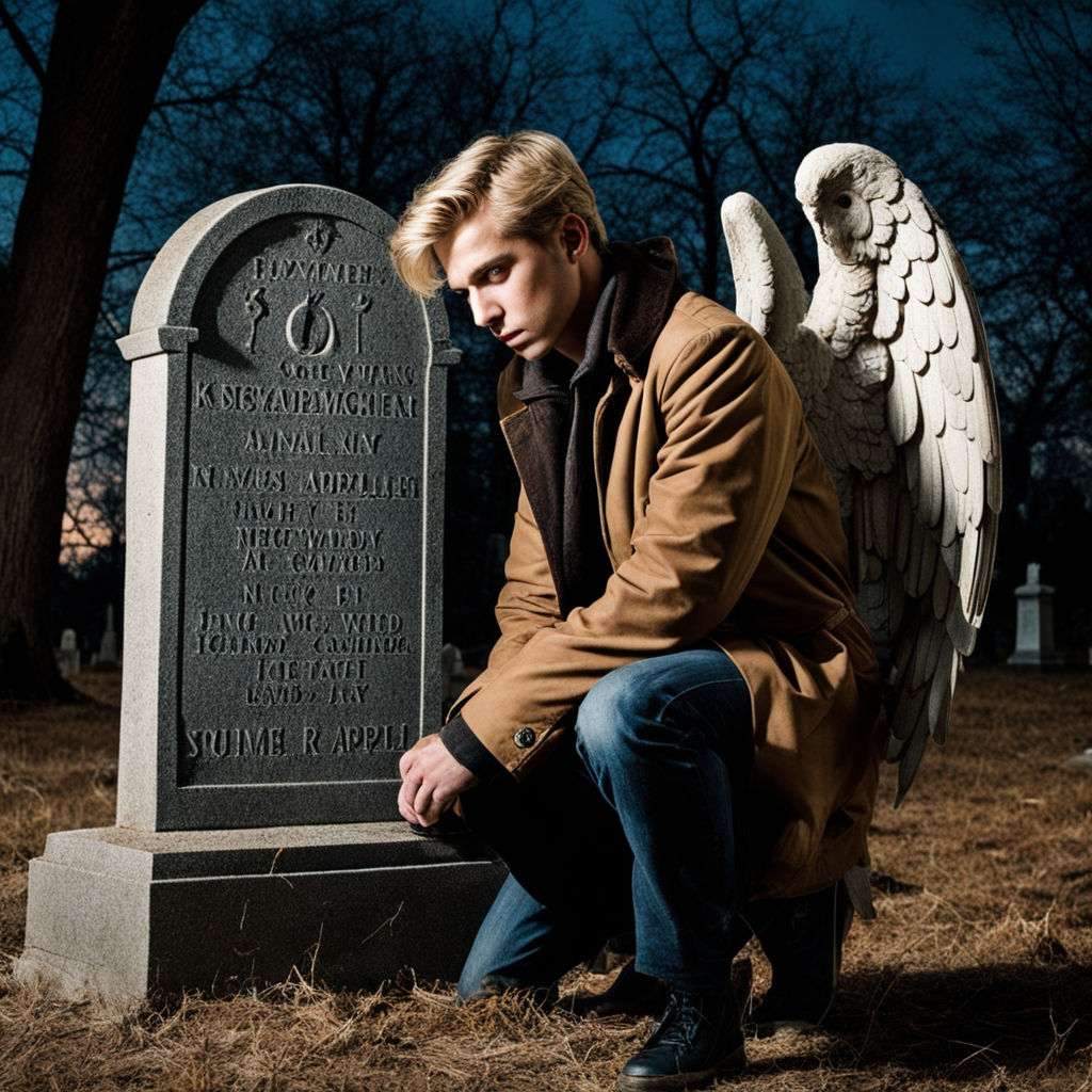 Sad Girl kneeling at an overgrown grave headstone - AI Generated