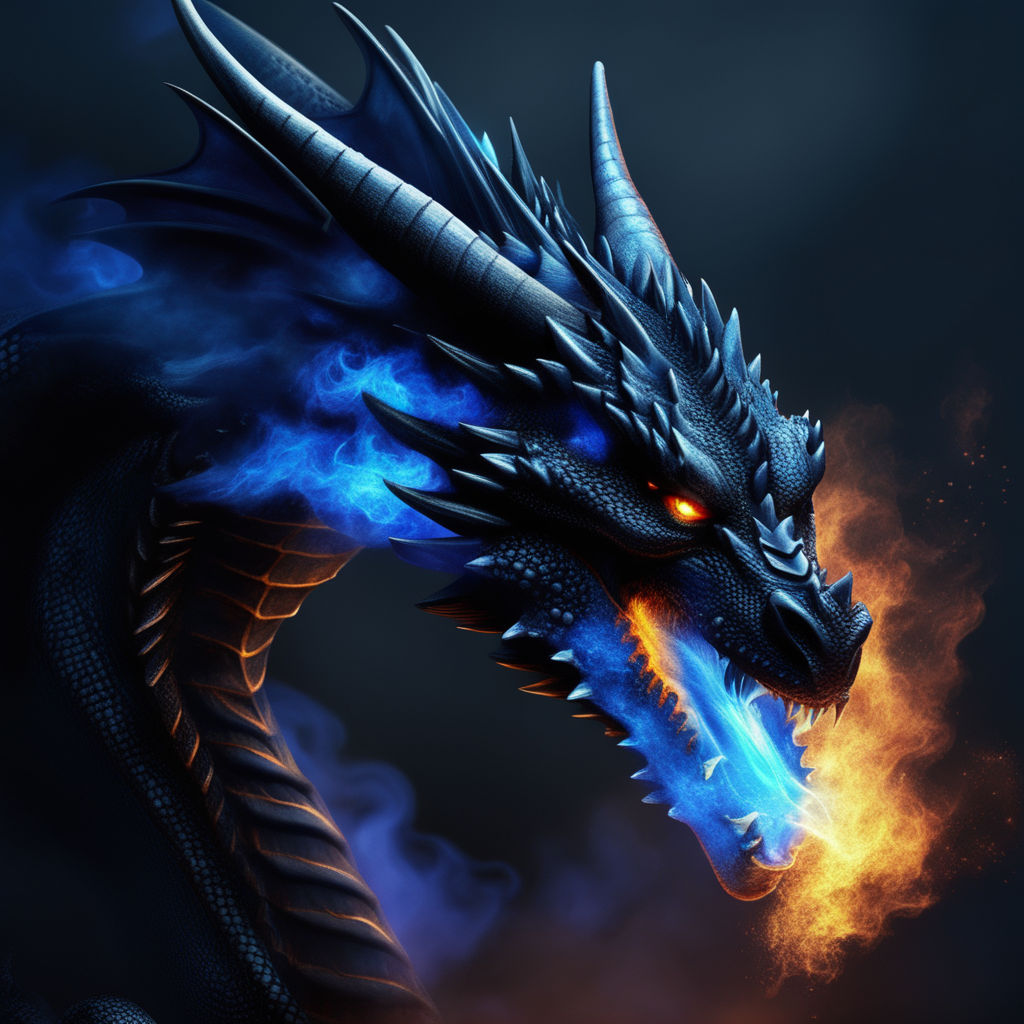 black dragon breathing blue fire