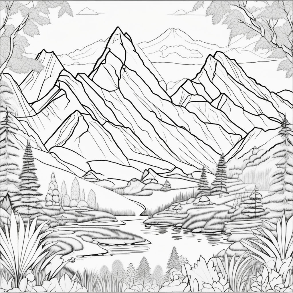 Realistic, mountain view, simple drawing, coloring page for kids, few  objects in the scene, dark lines, symmetrical, white background, clean line  art, no color on Craiyon