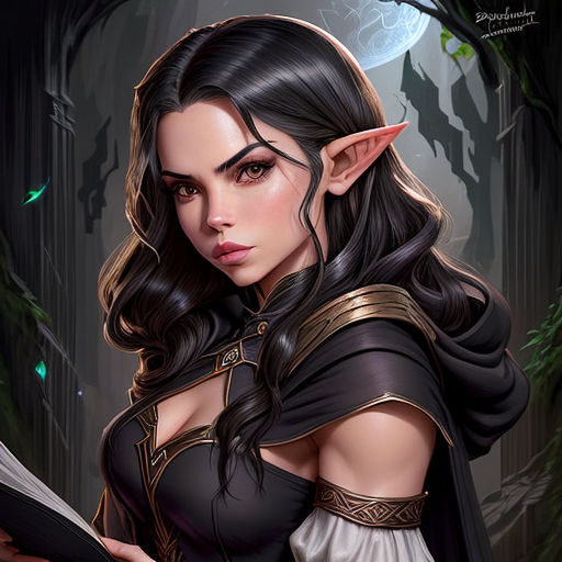 worn-walrus279: Half-elf female with long black hair liquid golden eyes  with a dark barmaid outfit