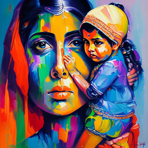 indian mother and child abstract painting