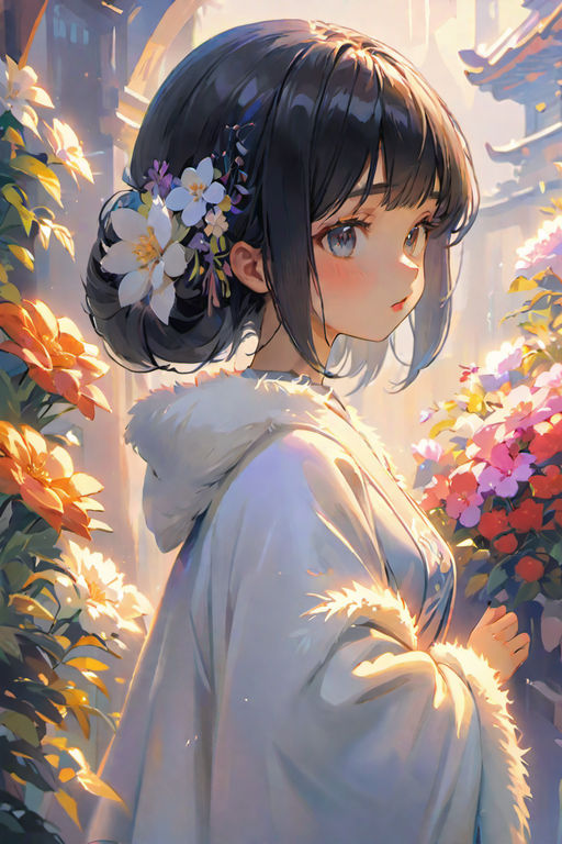 Portrait of an anime girl against a background of flowers. Anime