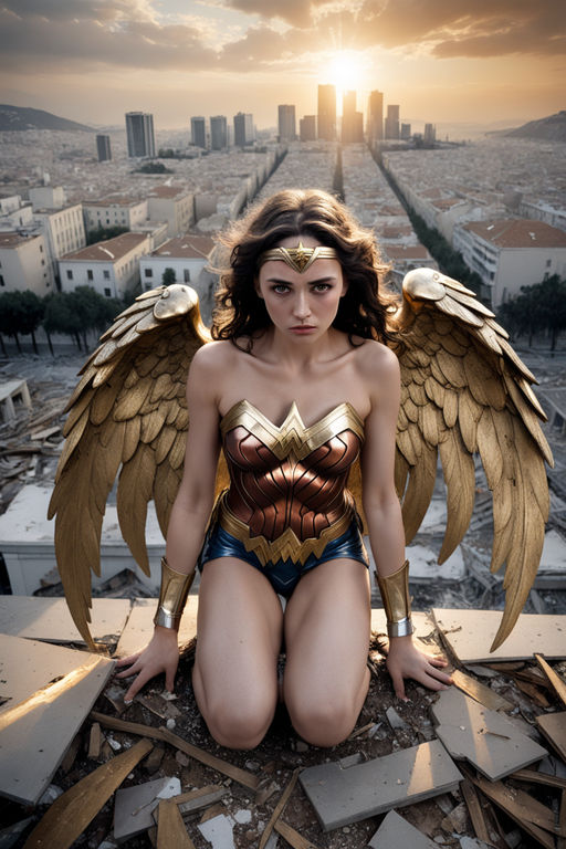 Prompt: Fallen Wonder Woman angel, 21 years old, desperate eyes, sad, crying, tears, hiding behind her giant wings, cute, golden wings, large wings, halo over the head, in the ground with destoyed city around, Athens destroyed in background, sunrise, masterpiece, low saturation, Albrecht Durer hands, (prompt created by Kico Toralles, adapted from Toni C. prompt)