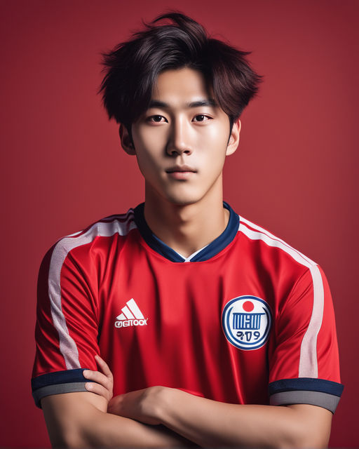 korean guy wear in red soccer jersey - Playground AI