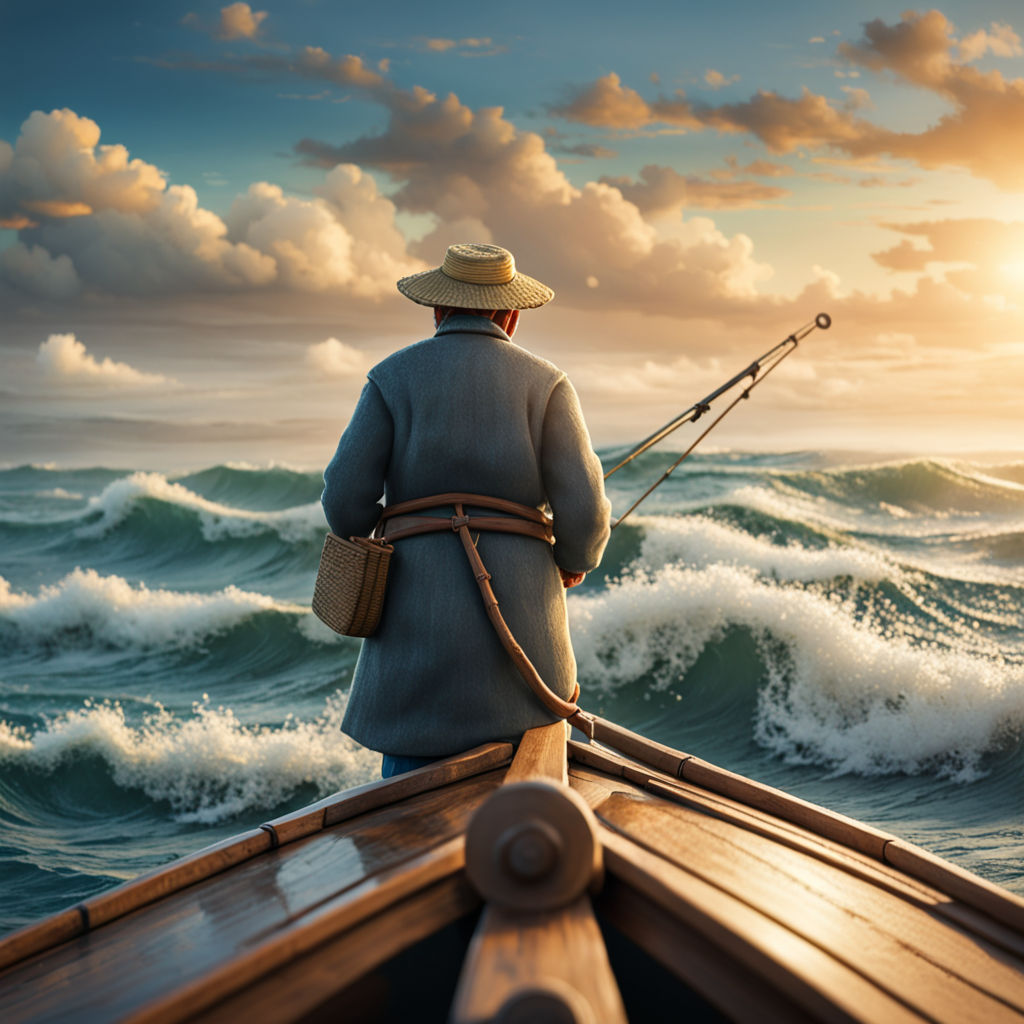 Old fisherman in blue sitting on boat with fishing rod – Gaia