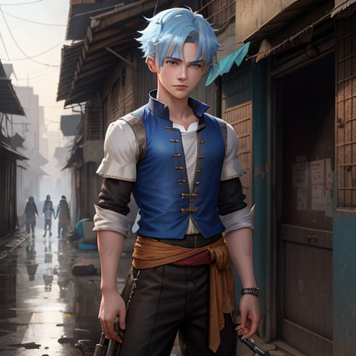 anime guy with blue hair and sword