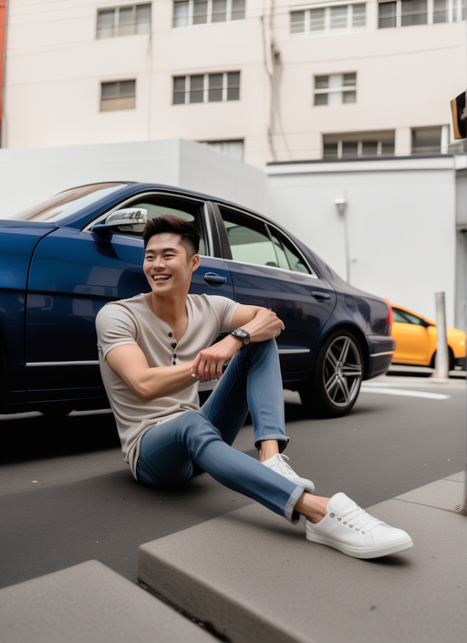 KREA - very serious ryosuke takahashi with black hair wearing a dark blue  shirt and white pants stands alone leaning on his white mazda rx 7 on an  empty gas station, late