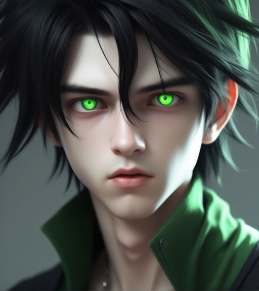 anime boy with green eyes and green hair ,head design by Subaru_sama