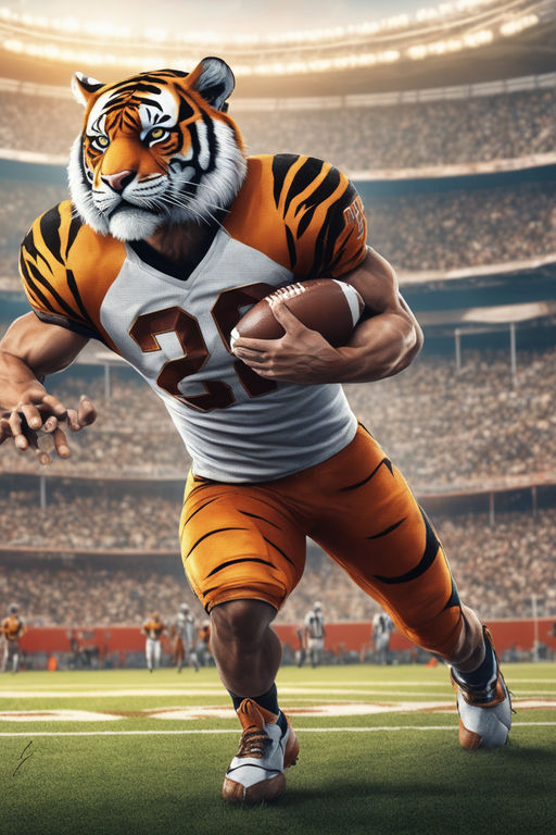 both are wearing Bengal tiger-striped orange and black jerseys.' -  Playground AI