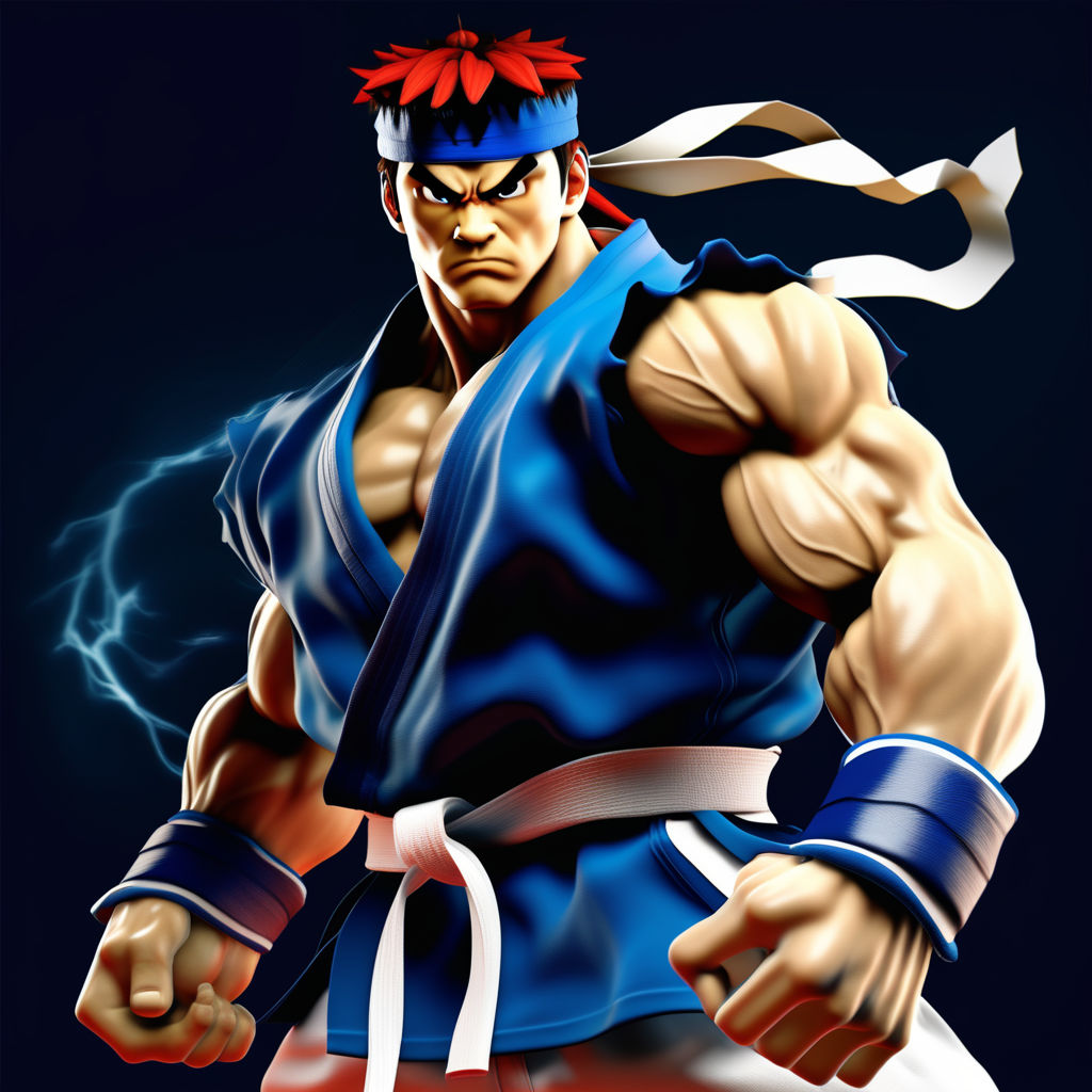 Premium Free ai Images  ryu street fighter character detailed portrait  fight blood scream blue energy blast full body background old style japan  house fire