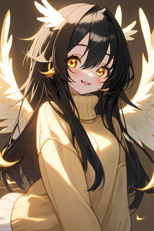 tubby-goshawk85: A girl with long black hair in a high ponytail with  mustard-brown skin and gold eyes anime style. 2D