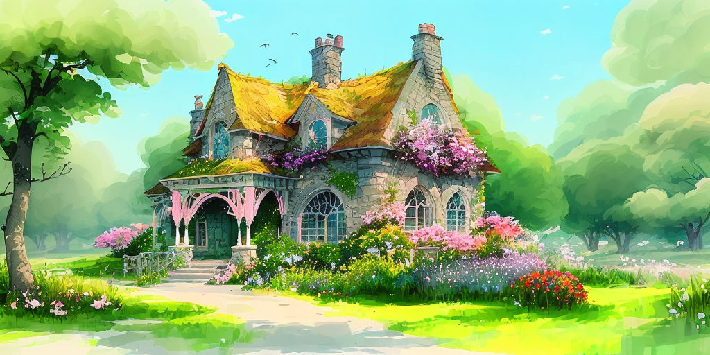 simple house with garden between anime style buildings