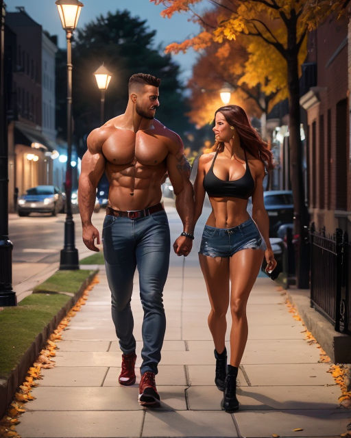 Photorealistic female/skinny male couple walking together. Huge muscle  girl. Muscular girlfriend. wearing t-shirt and jeans. Female bodybuilder.  Enormous bulging breasts. Massive breasts. Perfect full round breasts.  Massive muscles. Huge biceps. Smile 