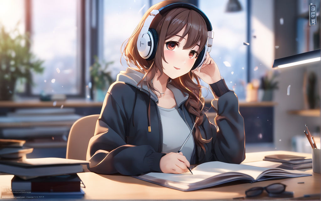 anime girl listening to music with brown hair