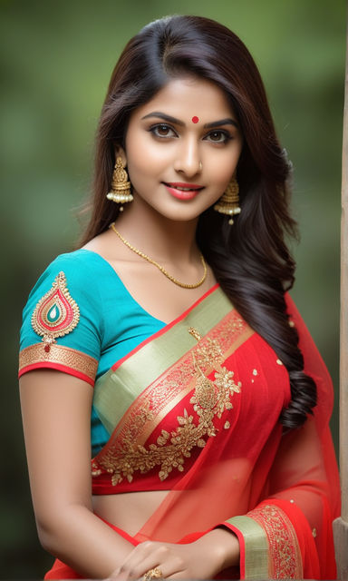 Portrait Of A Beautiful Smiling Indian Woman Wearing Saree And