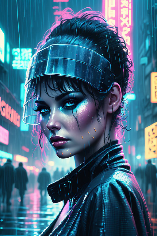 Cyberpunk, girl, workstation, neon, space, fish-eye view