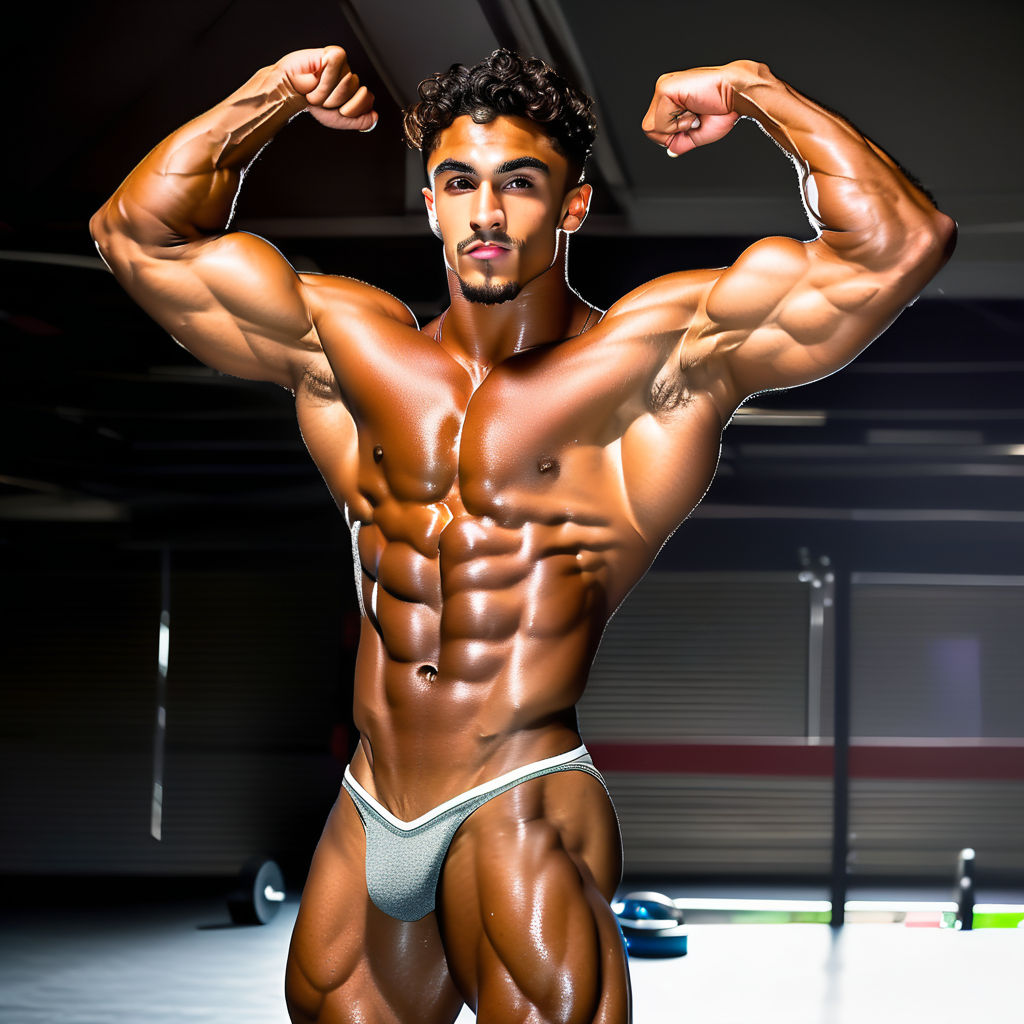 tanned and muscular fitness bodybuilder exhibiting a brunette hair drawn up  into a disciplined bun