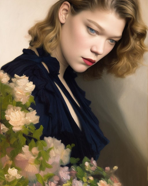 Cute playful young woman, bob styled hair, detailed, fur coat, nature,  flowers, realistic, a mix between ella freya and lea seydoux