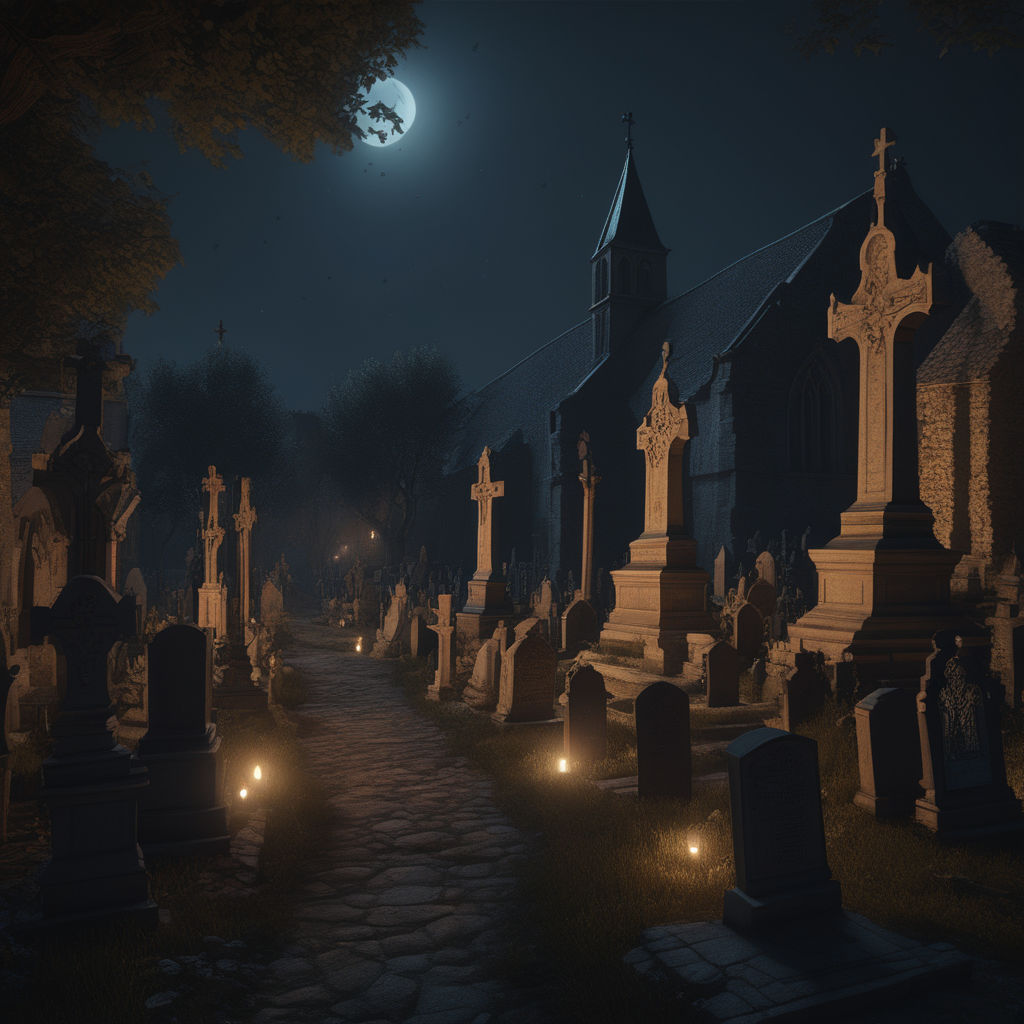 foggy cemetery at night