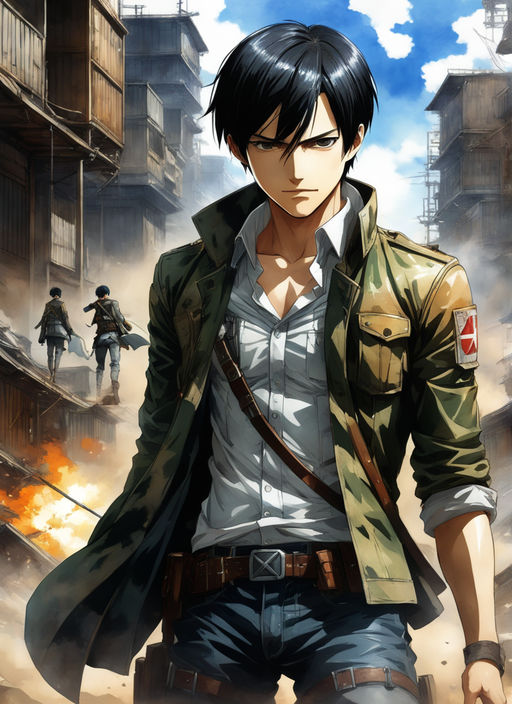 anime, anime girls, Colossal Titan, Levi Ackerman, fighting, smoke, fire,  sky, battle, Shingeki no Kyojin