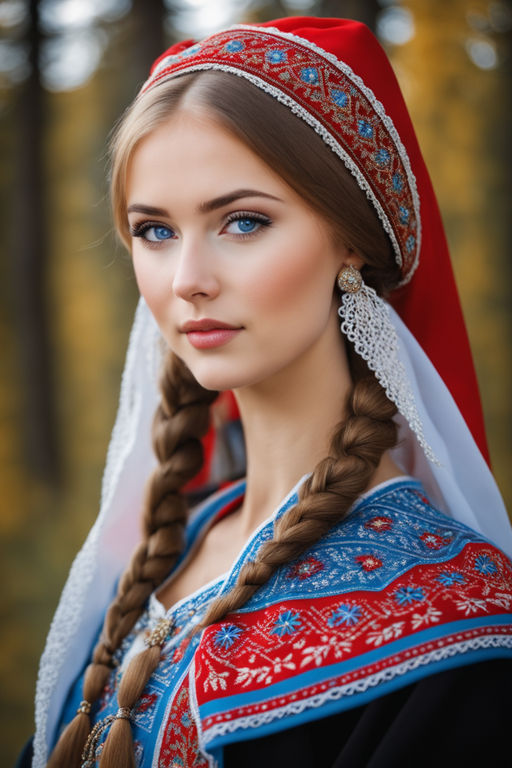Traditional Russian folk costume, portrait of a young beautiful