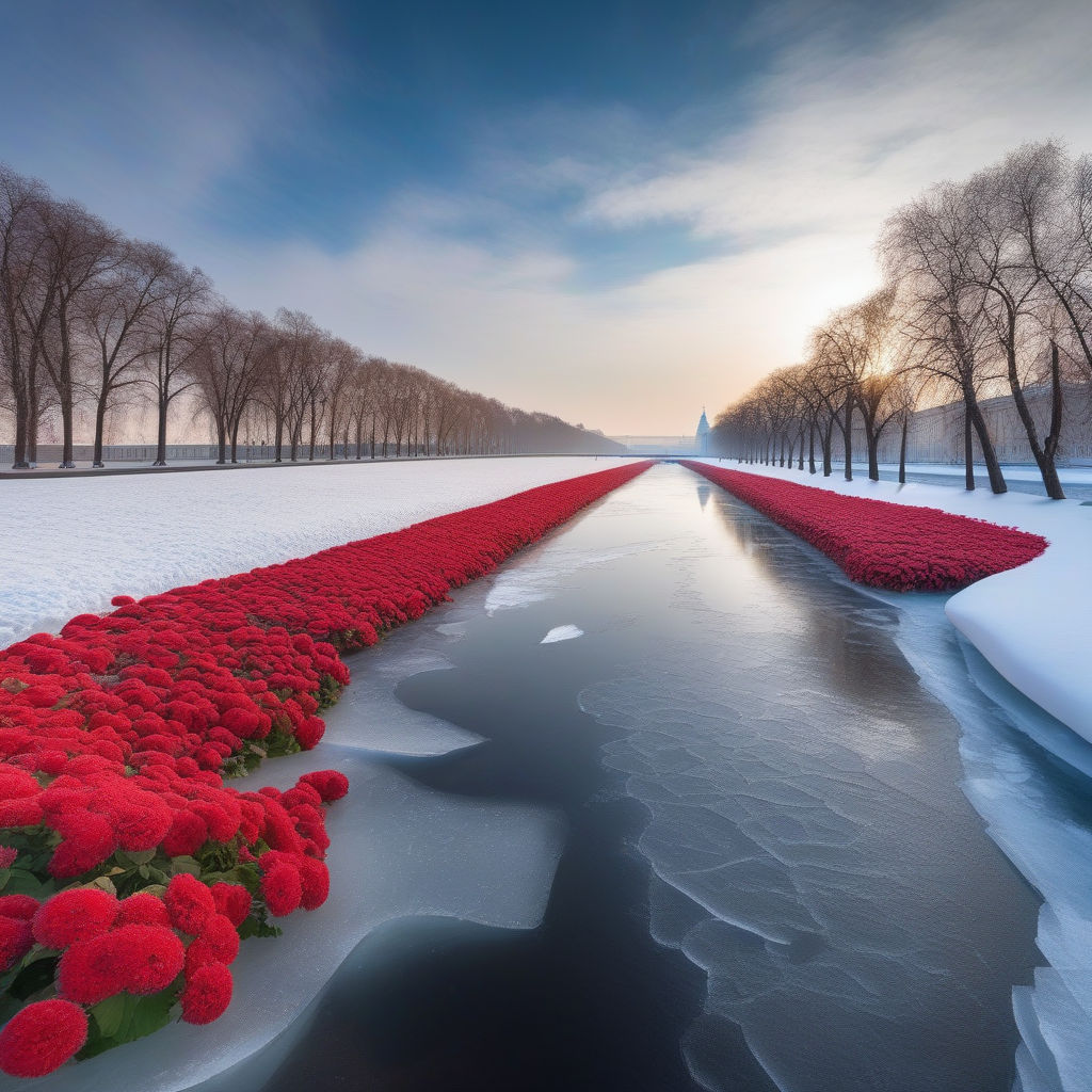 Prompt: Saint-Petersburg, fully frozen river Neva, winter, red flowers on the ice, garden, realistic, wide photo, long shot