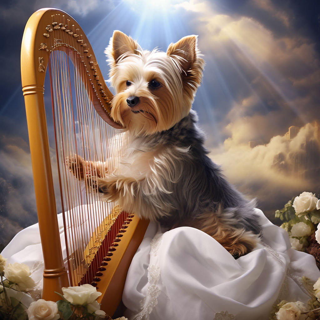 Prompt: Yorkshire terrier in heaven playing a harp
</p>
<p> 