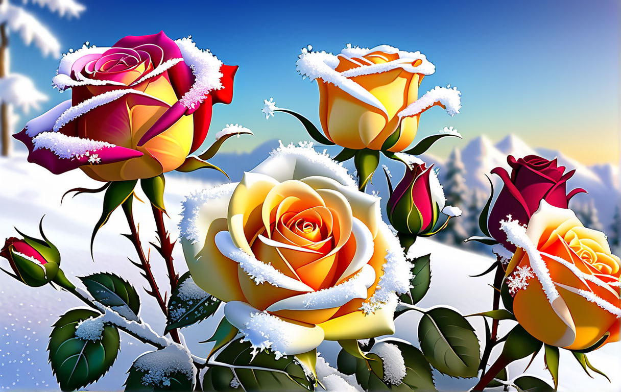 Prompt: Colorful roses flourishing amid a snow-covered landscape, vibrant petals stark against the white, delicate snowflakes settled on the blooms' velvety texture, macro shot highlighting individual ice crystals on petals, warm and cold color contrast, high dynamic range, ultra fine detail, digital painting