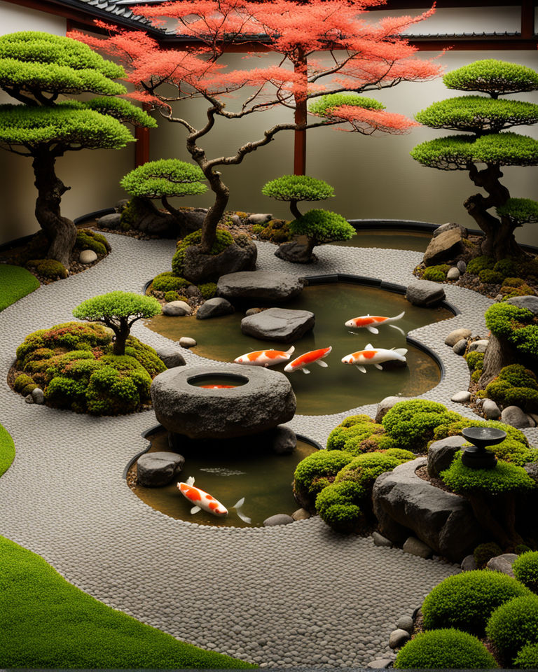 Premium Photo  A tranquil zen garden with a small pond bonsai trees and  raked sand patterns