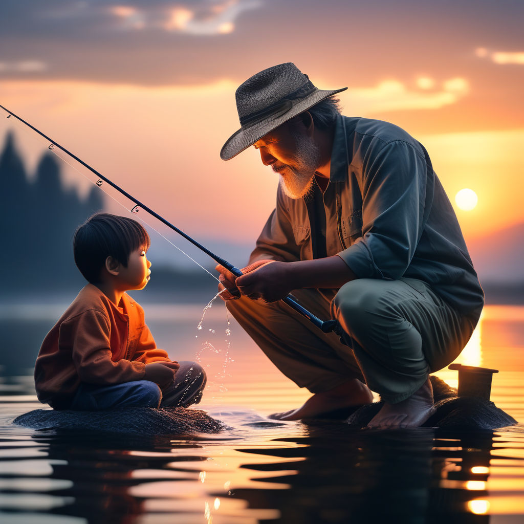 Illustration of grandfather and grandson holding fish in the lake