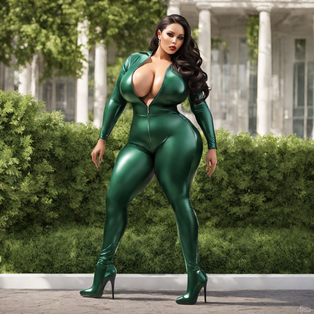 with gigantic breasts and massive ass's and wide hips wearing tight dark  blue pencil skirt and tight green sweater with pantyhose and stilettos -  Playground