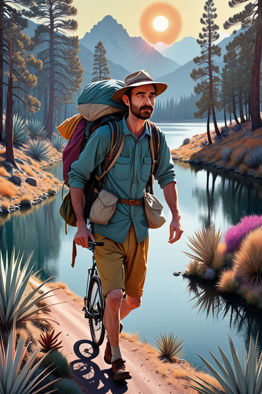 Hiking clipart illustration depicting a hiker with a backpack, enjoying the  scenic view of a waterfall in a lush forest. AI Generated 26674671 PNG