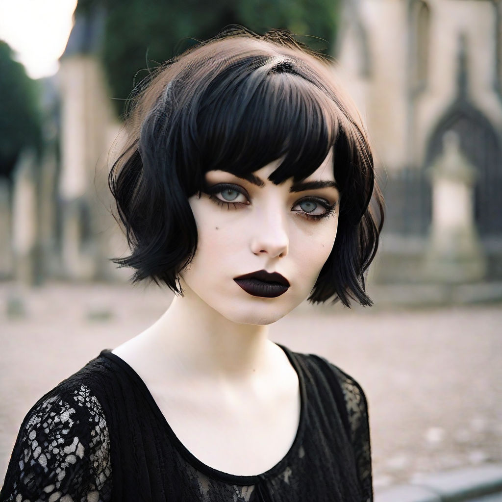 Image of a cute goth girl with short black hair on Craiyon