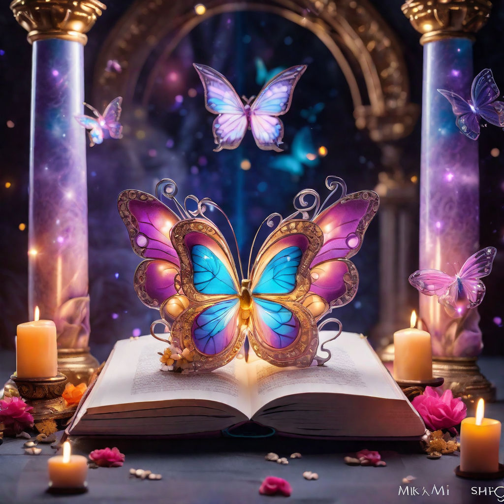 Open magic book with growing lights, magic powder, butterflies