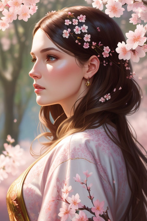 Download A girl surrounded by floating petals of cherry blossom