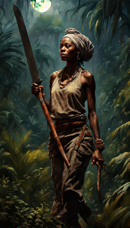 a female tribal warrior in the jungle, african. By, Stable Diffusion