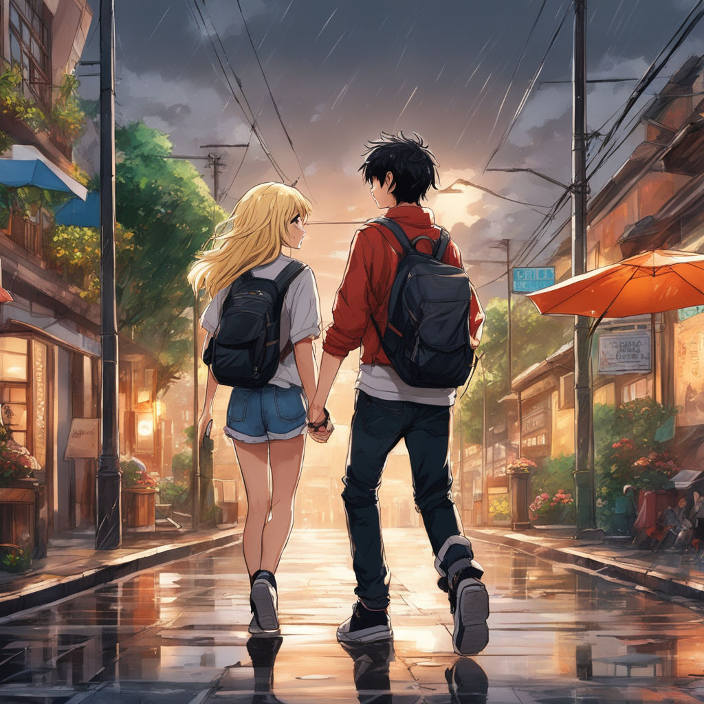 anime couples walking together