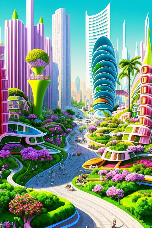 Future city, green utopia, blue water, white buildings, colorfu... -  Arthub.ai