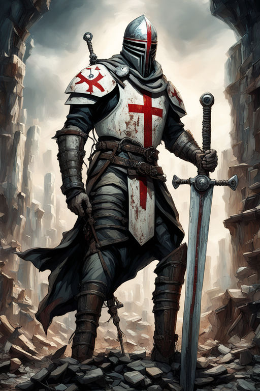 Depict a heroic knight templar clad in armor, wielding a sword, or holding  the iconic templar emblem. also depict a second person as a modern day  scholar holding a book and a