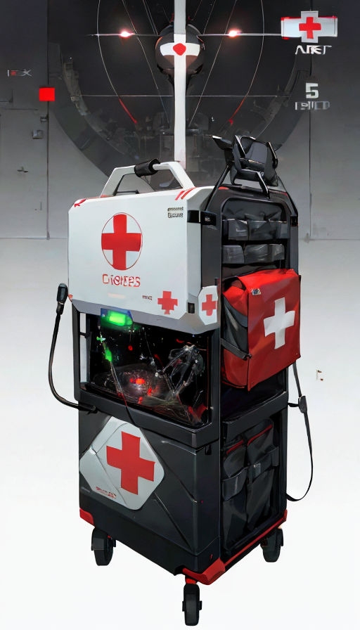 Cyberpunk medkit with side handles and red cross on front and fingerprint  display reader - Playground