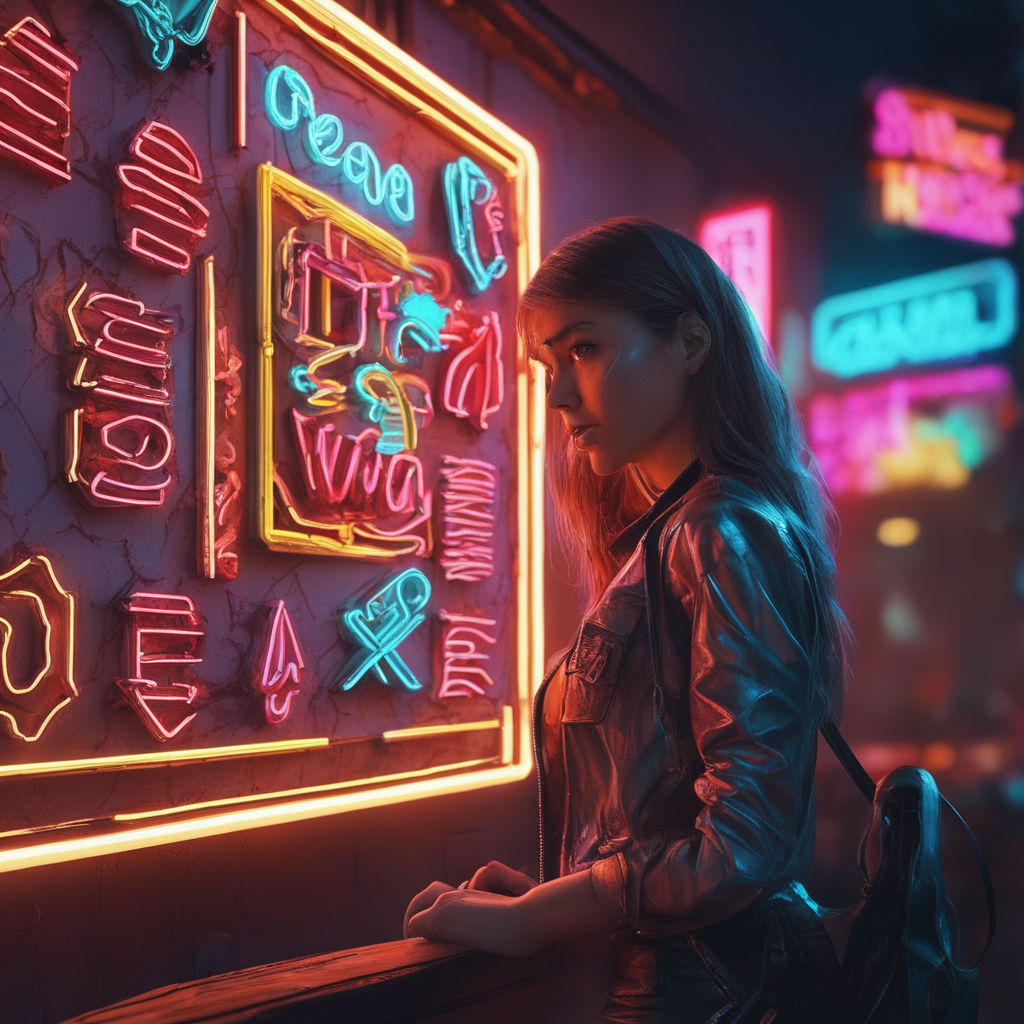 inside a girl room, cyberpunk vibe, neon glowing lights, sharp