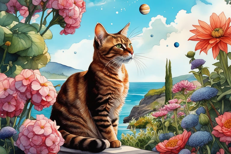 a black cat in a gold crown standing on a purple planet in space surrounded  with pink flowers - Playground