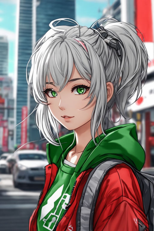 anime girl with white hair and green eyes