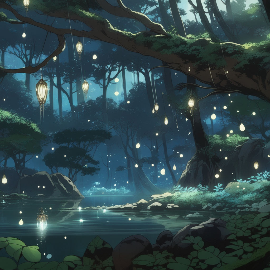 Mystical magical forest at night with glowing lights Stock Illustration |  Adobe Stock