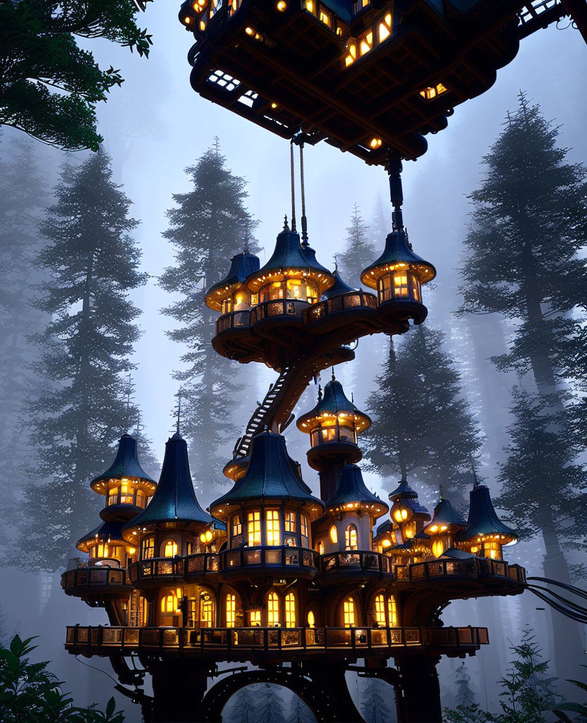 Amazing treehouse in a damp forest with fairy lights with telescope and  modern technology - Playground