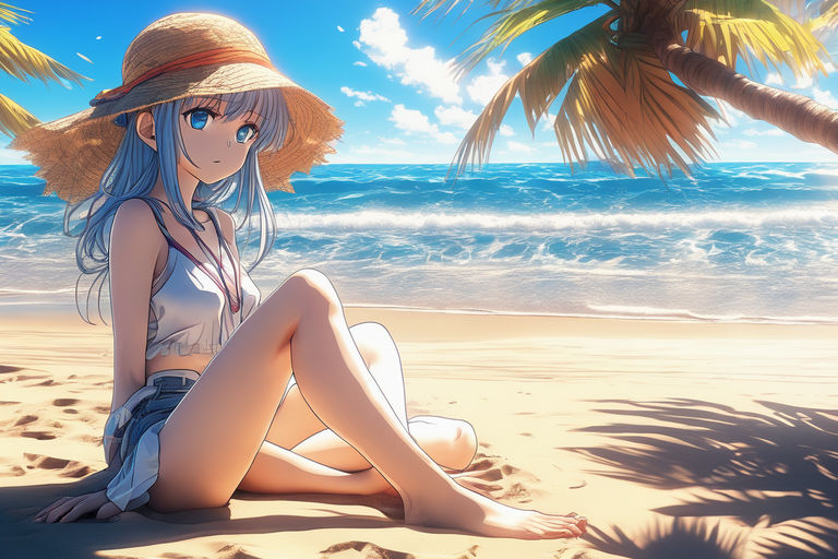 Cute Playful Anime Girl With Straw Hat On Beach | Poster