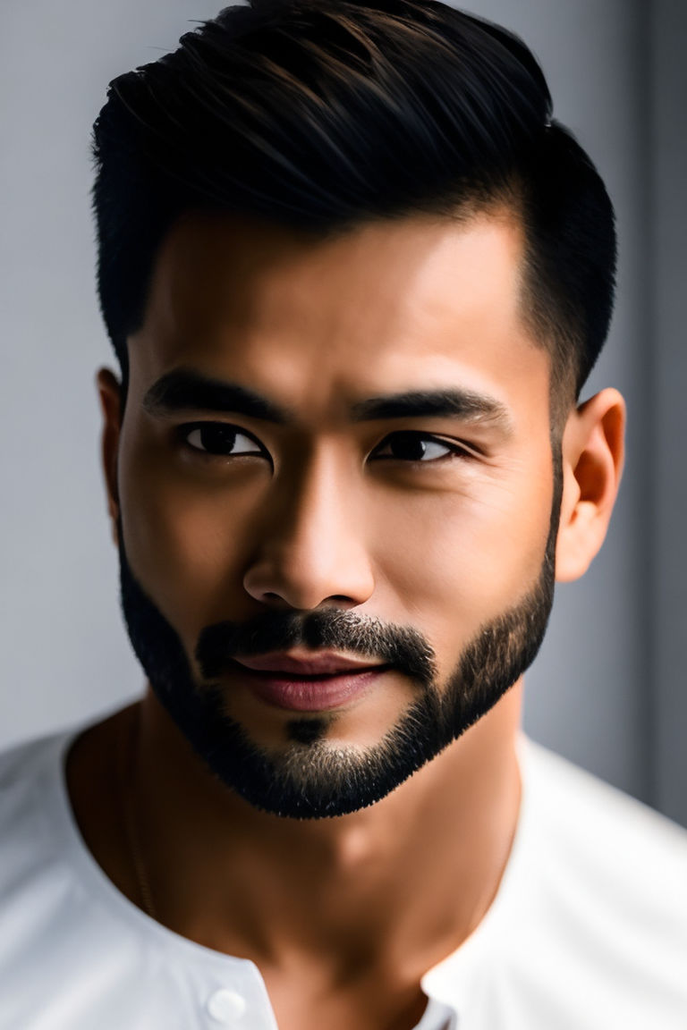 Beefy bear asian man face with a beard that make him manly